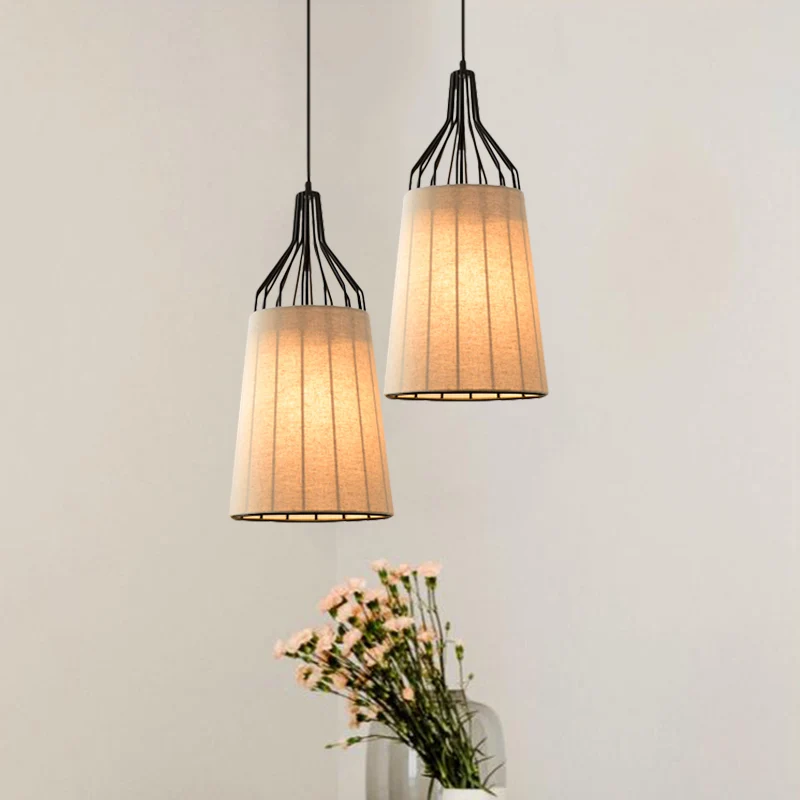 11 "/ 14" W vintage taps toelopende plafondkroonluchter 3 lampen stoffen ophanglamp zwart/koffie/beige met ijzeren frame C...