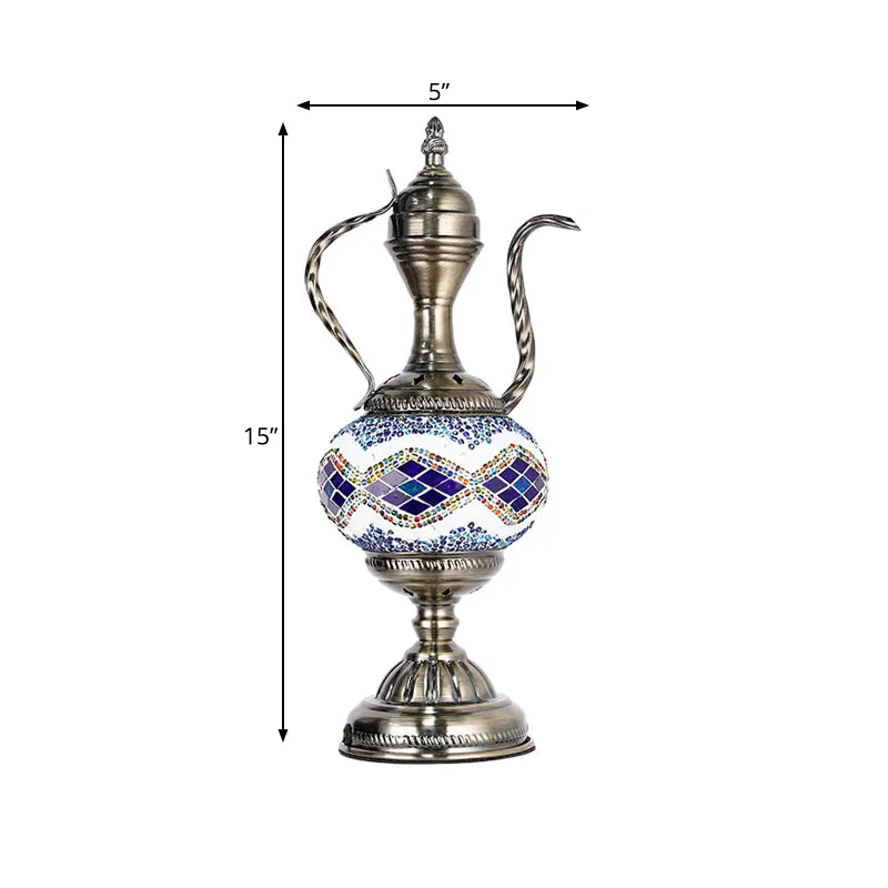 Vintage theepotvormige nachttafellamp 1 lamp roze/paars/blauw en paars glas lood nachtkastje licht voor slaapkamer Clearhalo