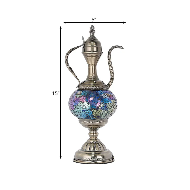 Vintage theepotvormige nachttafellamp 1 lamp roze/paars/blauw en paars glas lood nachtkastje licht voor slaapkamer Clearhalo