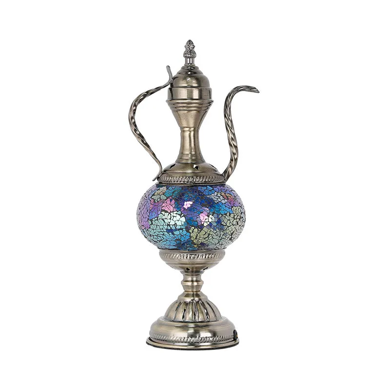 Vintage theepotvormige nachttafellamp 1 lamp roze/paars/blauw en paars glas lood nachtkastje licht voor slaapkamer Clearhalo