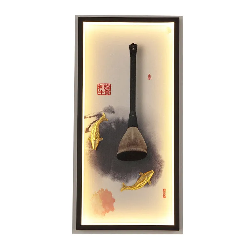 Vis- en schrijfborstel LED-wandlamp Chinese metalen studeerkamerwandlamp zwart Clearhalo