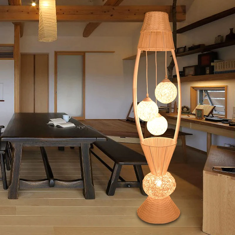 Vismand vloerstandaard licht art deco bamboe rotan 4 lichts houten vloerlamp met kogelkap voor woonkamer Clearhalo