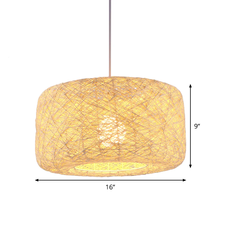 Vlassen trommel plafond hangende lantaarn Chinese 16/23,5 inch brede 1-lichts bamboe neerwaartse verlichtingshanger Clearhalo