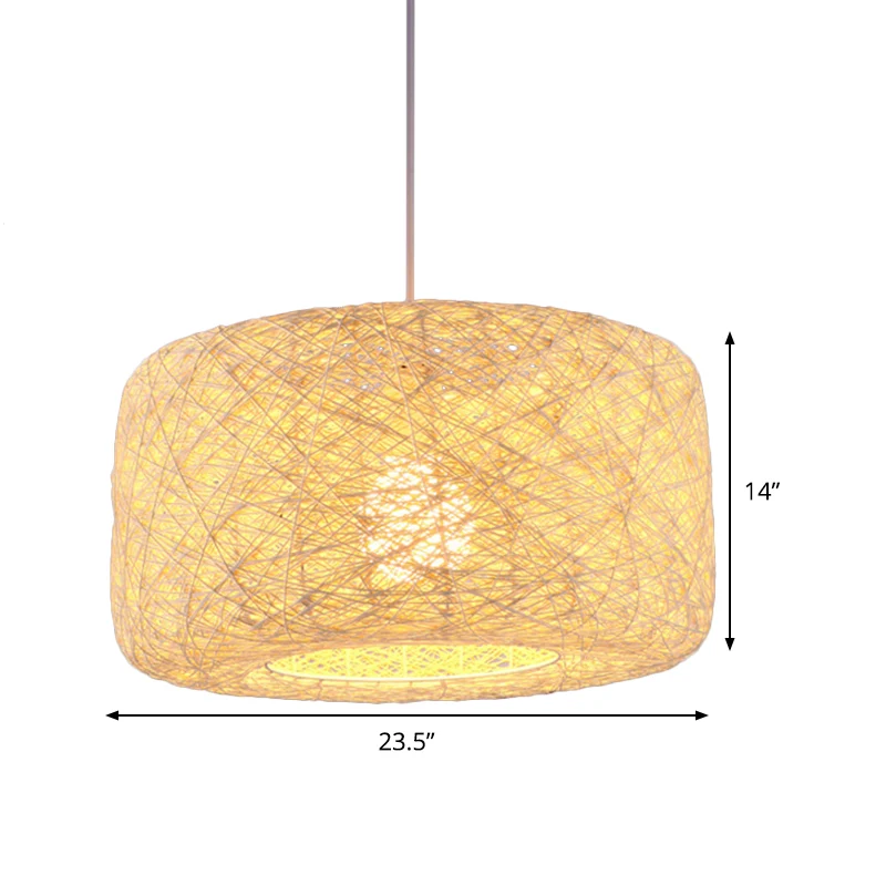 Vlassen trommel plafond hangende lantaarn Chinese 16/23,5 inch brede 1-lichts bamboe neerwaartse verlichtingshanger Clearhalo