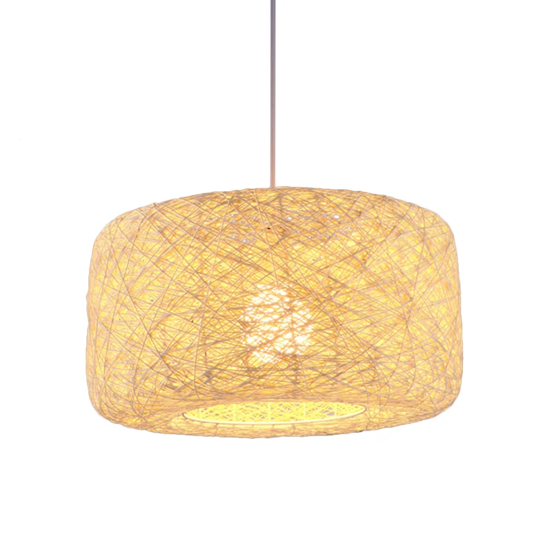 Vlassen trommel plafond hangende lantaarn Chinese 16/23,5 inch brede 1-lichts bamboe neerwaartse verlichtingshanger Clearhalo