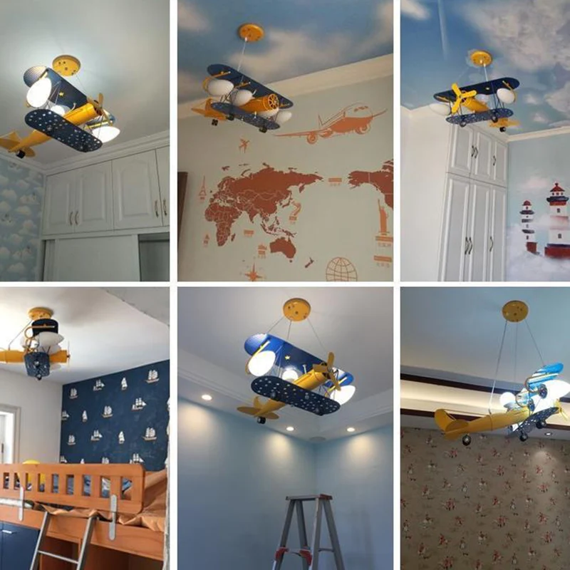 Vliegtuig-hangende verlichtingsarmaturen Cartoon glas en metalen hangende hanger voor kinderslaapkamer Clearhalo