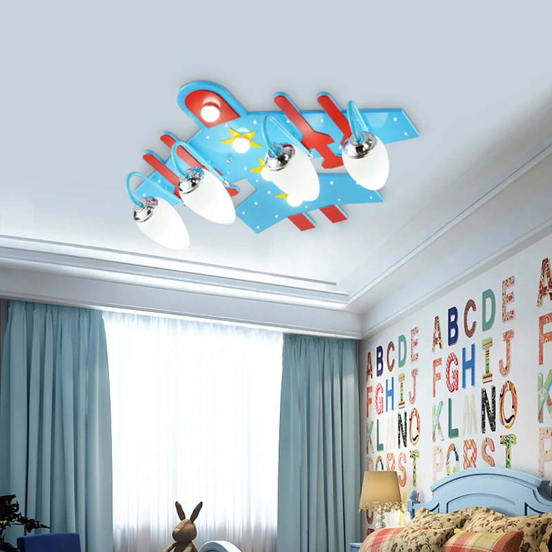Vliegtuigvorm Kleuterschool Plafondmontage Licht Houten Cartoon LED-plafondarmatuur blauw Clearhalo