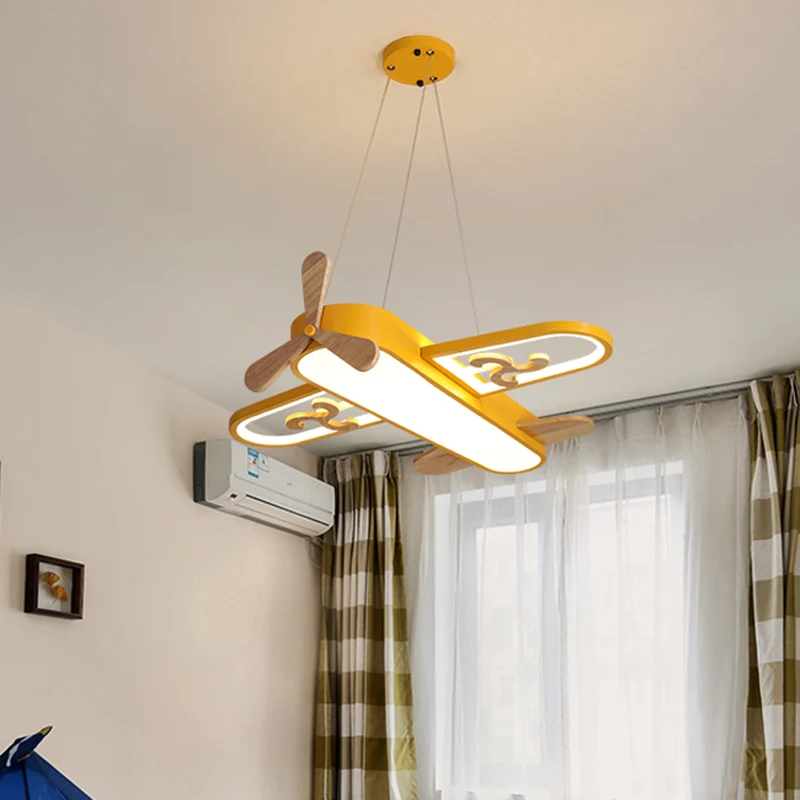 Vliegtuigvorm neerwaartse verlichting hanger moderne metalen LED gele kroonluchter lichtarmatuur voor kinderkamer Clearhalo