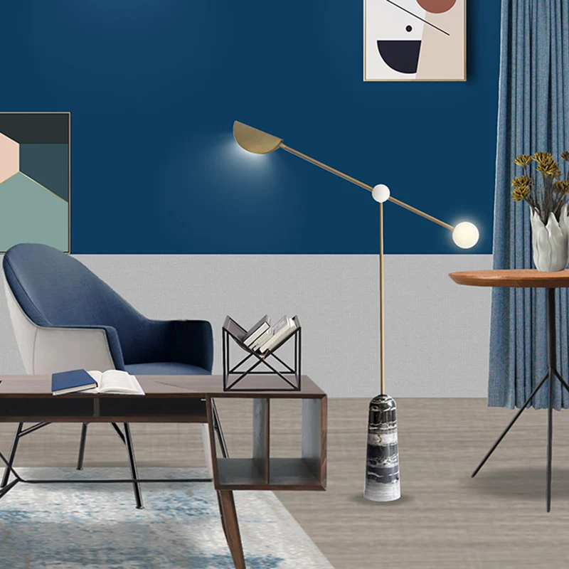 Vloerlamp met langwerpige arm Postmoderne metalen woonkamer LED-staande lamp met marmeren voet goud Clearhalo