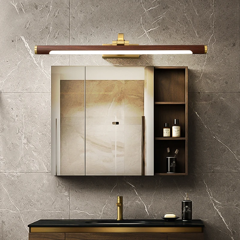 Walnoothoutnerf buiswandlamp Landelijk acryl bad LED-ijdelheidverlichting met messing draaischarnier Clearhalo