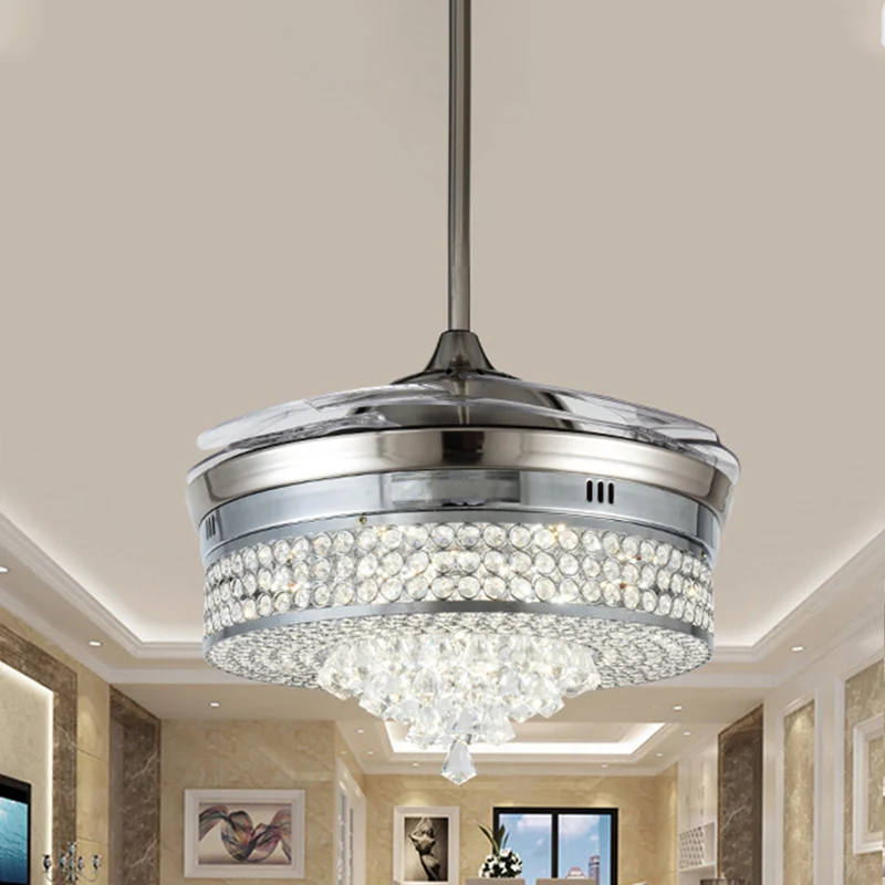 Wandbediening/afstandsbediening/frequentie Converteerbare conische ventilator Licht Minimalistisch helder kristal LED Zilv...