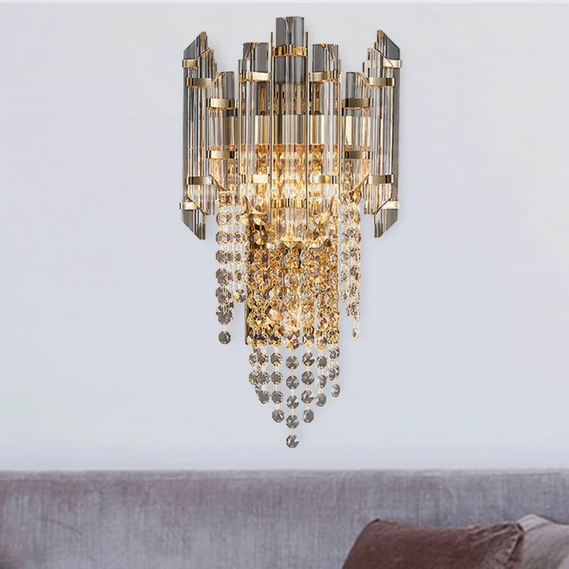 Wandkandelaar met kralen, modern kristal, 2 lampen, rookgrijs, wandmontagelamp voor woonkamer Clearhalo