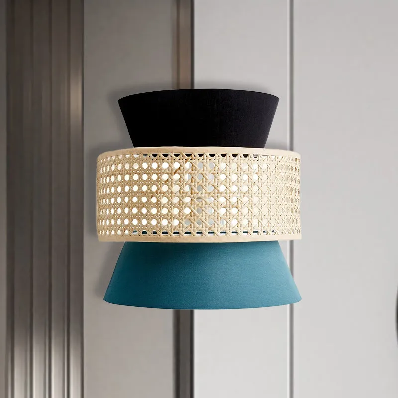 Wandlamp met dubbele kegel, minimalisme, 1 kop, zwarte en blauwe schansverlichting met rotanontwerp Clearhalo