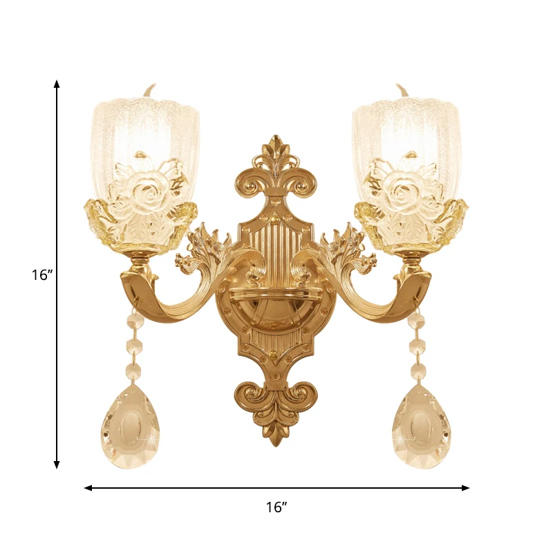 Wandlamp met heldere kristallen bloemenkap, traditionele 1/2-koppige woonkamer-sconce-lamp messing met ronde arm Clearhalo