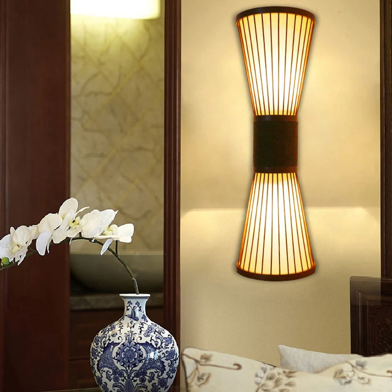 Wandlamp met 1 hoofdgang, Aziatische houten wandkandelaar, verlichting met zandloper en bamboe kap Clearhalo