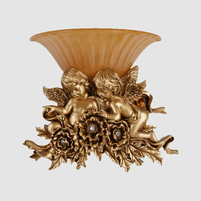 Wandlamp met 1 kop, brede kom, rustiek goud/beige opaal, gecanneleerde glazen wandlamp met decor met dubbele engelen Clear...