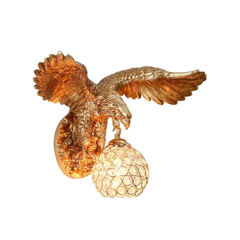 Wandlamp retrostijl, adelaar, wandmontage, hars, 1 kops wandlamp met koepelvormige kristallen kap gouden afwerking Clearhalo