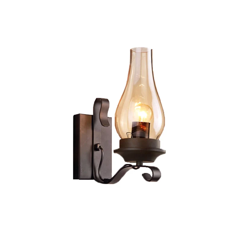 Wandlamp van amberkleurig glas, vintage stijl, matzwarte kerosine, woonkamerwandkandelaar met gebogen arm Clearhalo