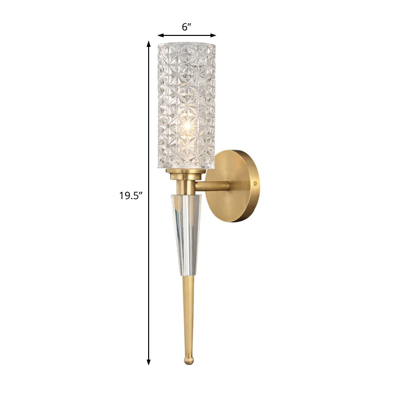 Wandlamp van helder kristal, eigentijds 1-lichts schanslicht met cilinder/taps toelopende kap goud Clearhalo