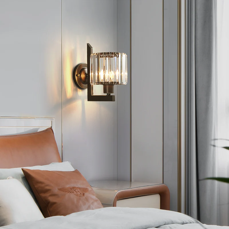 Wandlamp van helder kristal, trommel, verlichting, eigentijds zwart/goud, 1-lichts wandlamp met metalen arm voor slaapkame...