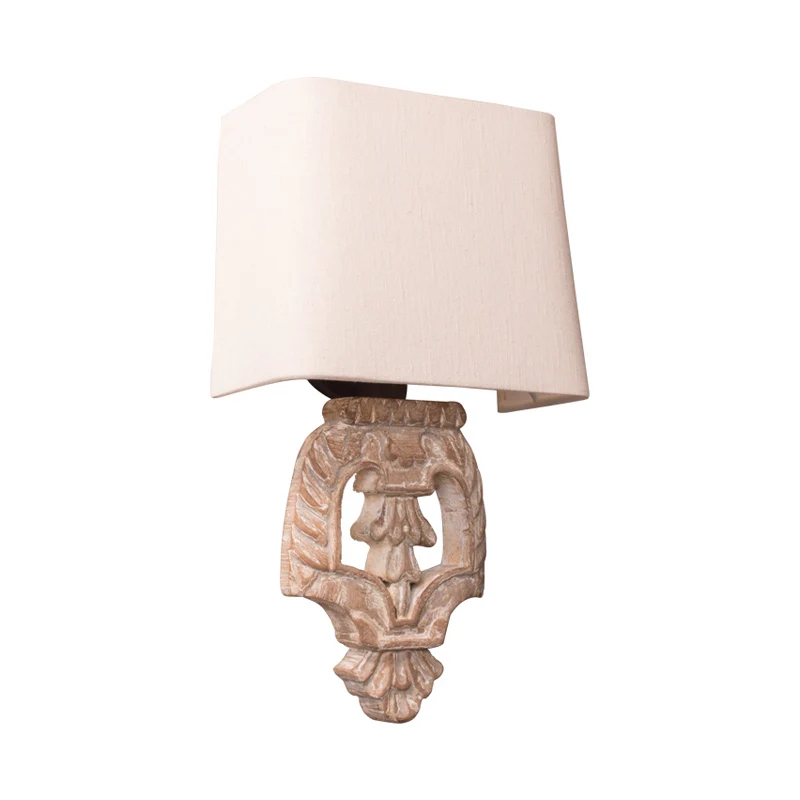 Wandlamp van stof met halve ton Vintage 1-lichtgang Houten wandlamp wit Clearhalo