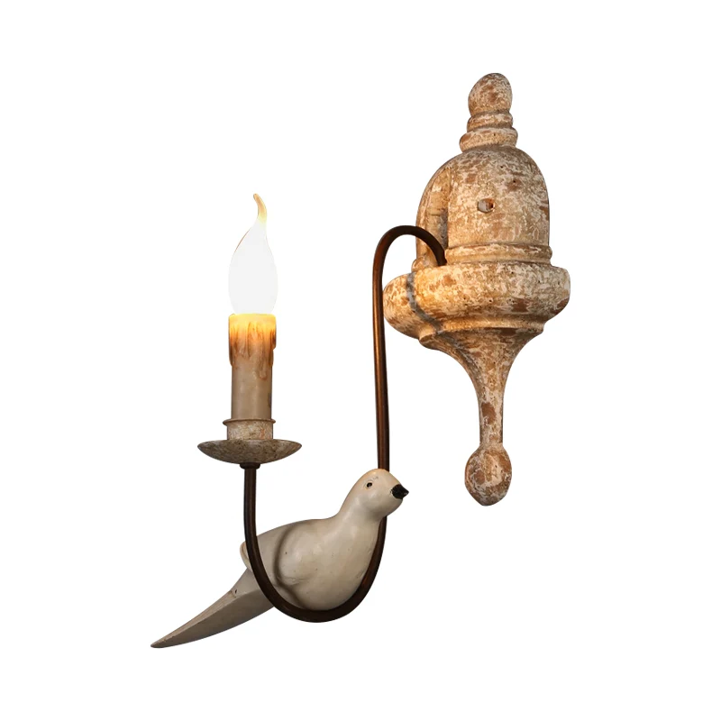 Wandlamp voor woonkamer met zwenkarm, rustiek hout, verweerd wit, met kaars- en vogeldecoratie Clearhalo