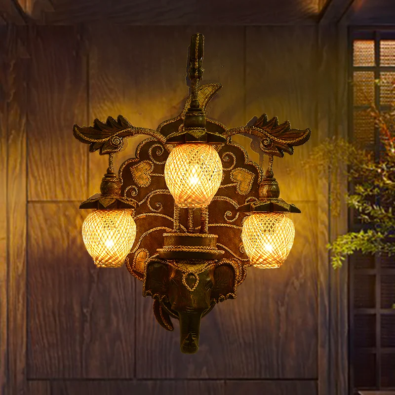Wandverlichtingsarmatuur Country Stairway Wandkandelaar met meloenbamboe kap bruin Clearhalo