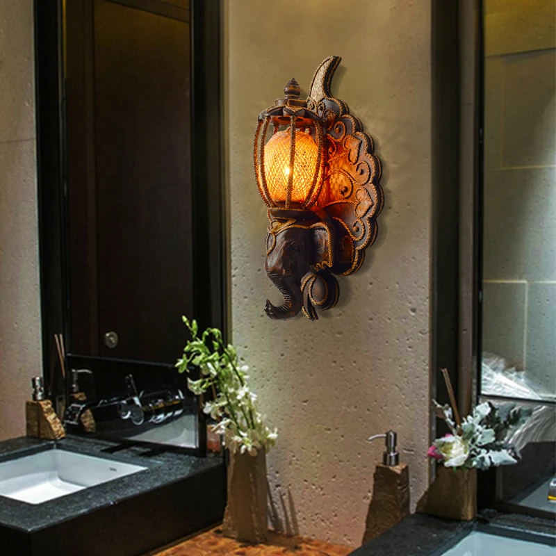 Wandverlichtingsarmatuur Country Stairway Wandkandelaar met meloenbamboe kap bruin Clearhalo