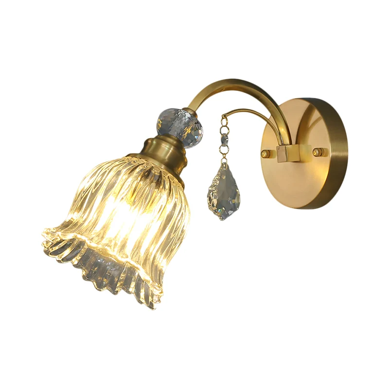 Warehouse Flower Wandlamp, 1-lamps, helder gecanneleerd glas, wandgemonteerde lamp met kristallen druppeldecor messing Cle...