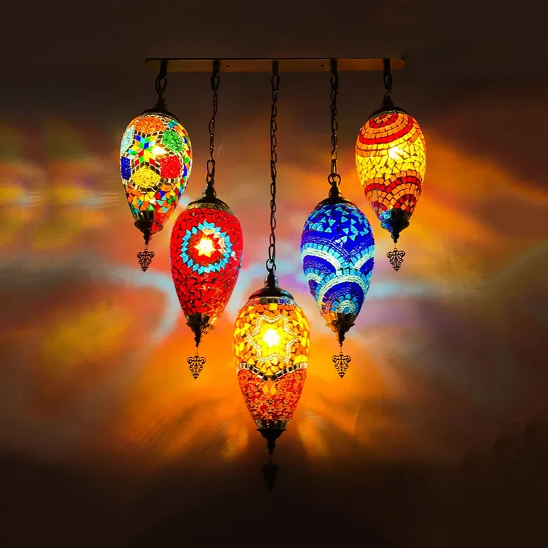 Waterdrop slaapkamer multi-licht hanger vintage glas--lood 5-kops rood/geel/oranje plafondlamp Clearhalo