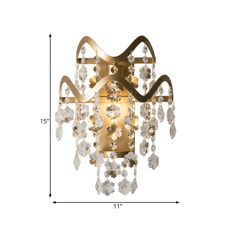 Wave Sconce Light Postmodern Metaal 1-lichts Goudkleurige wandlamp met bloemkristal/schelpaccent Clearhalo