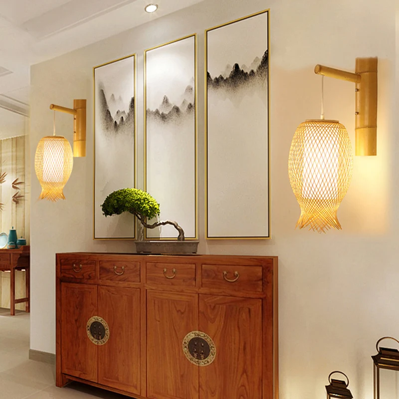 Weave Sconce hedendaagse bamboe 1-lamps houten wandlamp met witte cilinder perkament kap aan de binnenkant Clearhalo
