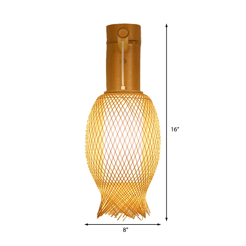 Weave Sconce hedendaagse bamboe 1-lamps houten wandlamp met witte cilinder perkament kap aan de binnenkant Clearhalo