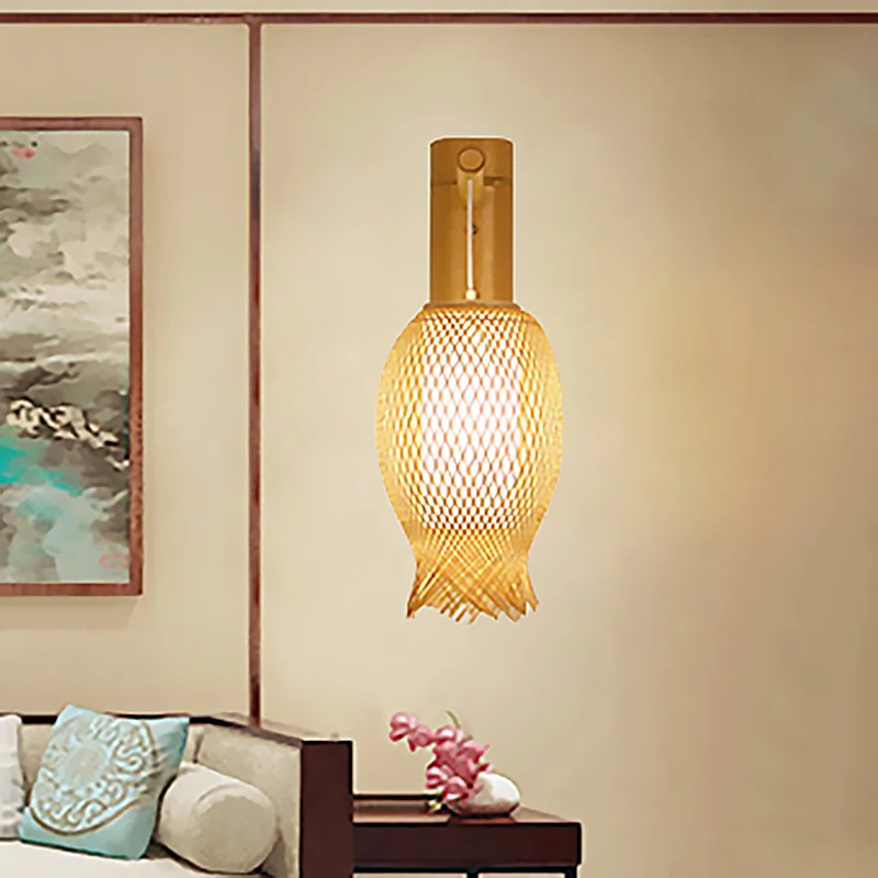 Weave Sconce hedendaagse bamboe 1-lamps houten wandlamp met witte cilinder perkament kap aan de binnenkant Clearhalo