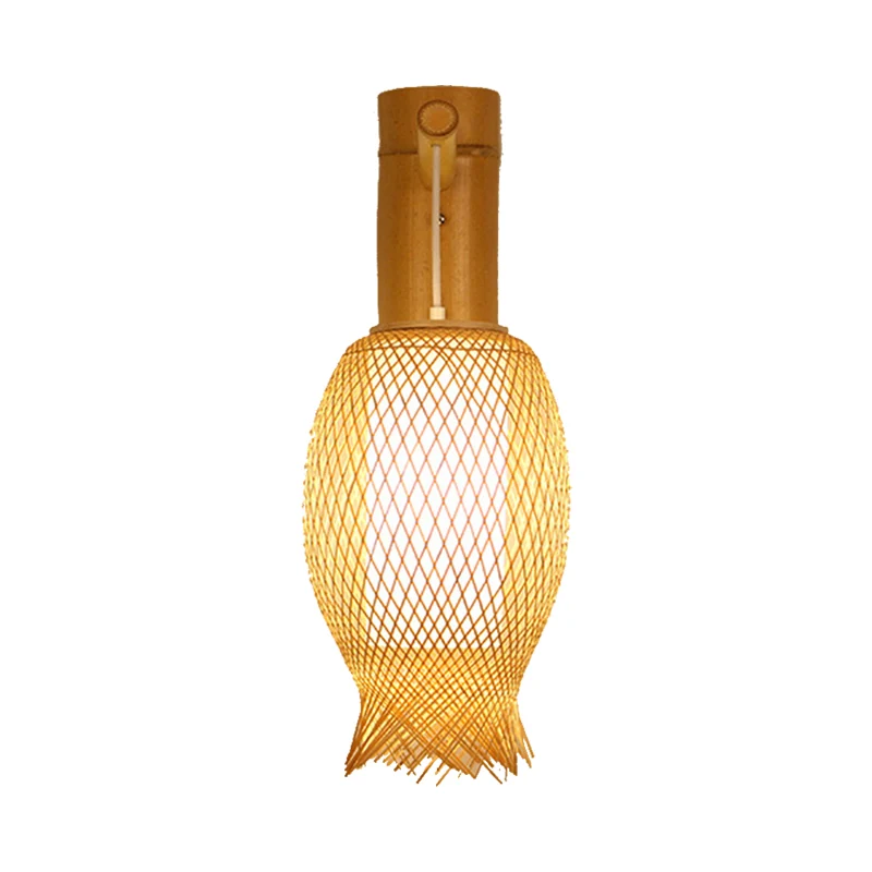 Weave Sconce hedendaagse bamboe 1-lamps houten wandlamp met witte cilinder perkament kap aan de binnenkant Clearhalo