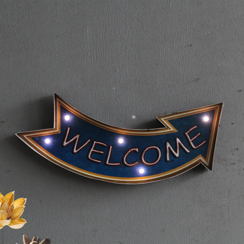 Welkom Richting Pijlbord Wandlamp Retro Metallic Bierbar LED-nachtlampje blauw Clearhalo