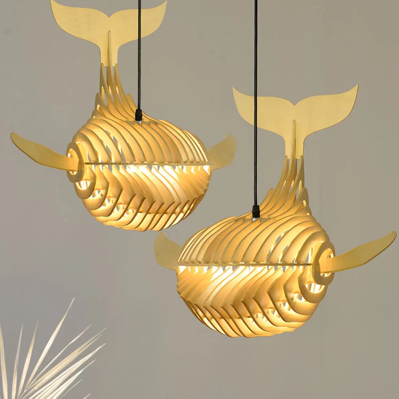 Whale Suspension Pendel Hedendaags Hout 1 Lamp Beige Hanglampenset voor Trap Clearhalo