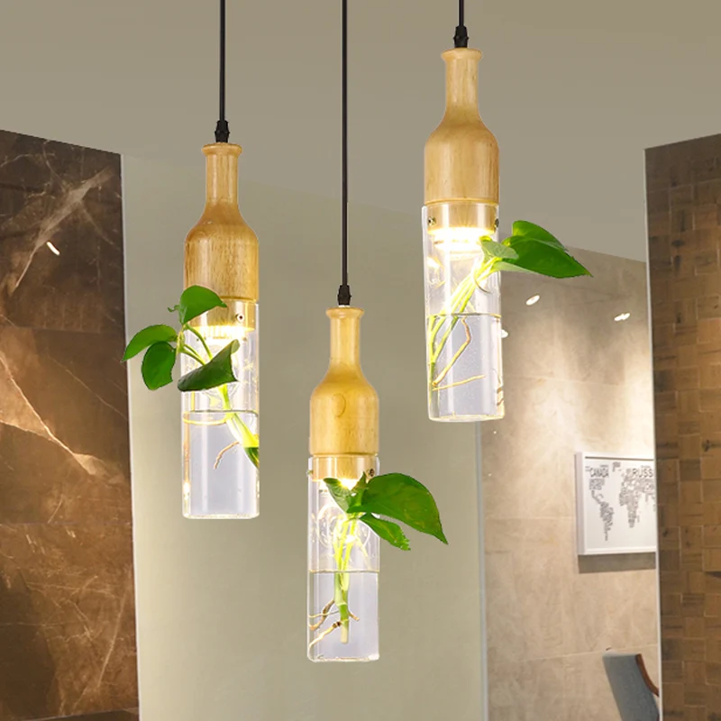 Wijnfles Helder Glazen Hanger Art Deco 1 Lamp Slaapkamer Plant Plafond Hangarmatuur Hout Clearhalo