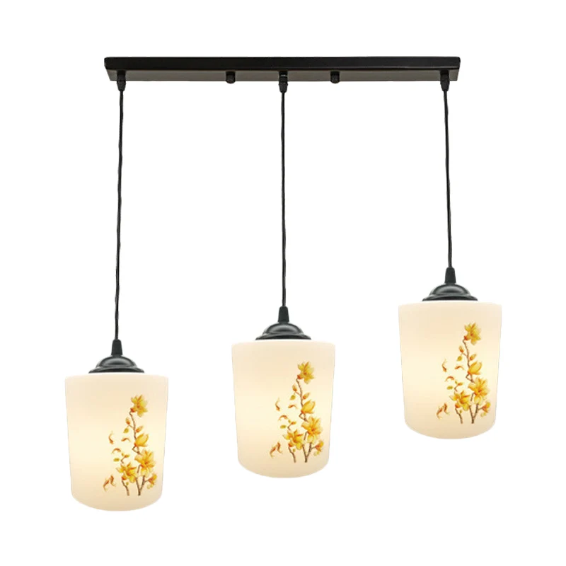 Wit bedrukt glas zwart multi hanglamp cilinder 3-lichts eetkamer hanglamp met ronde/lineaire luifel Clearhalo