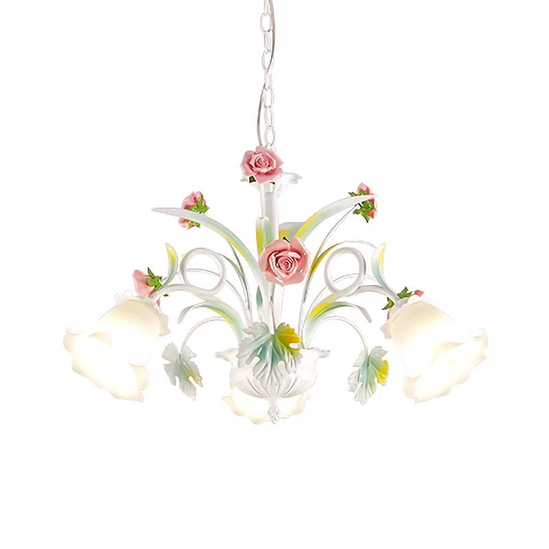 Wit glas Rose kroonluchter licht platteland 3 lampen woonkamer hangende verlichtingsarmatuur Clearhalo