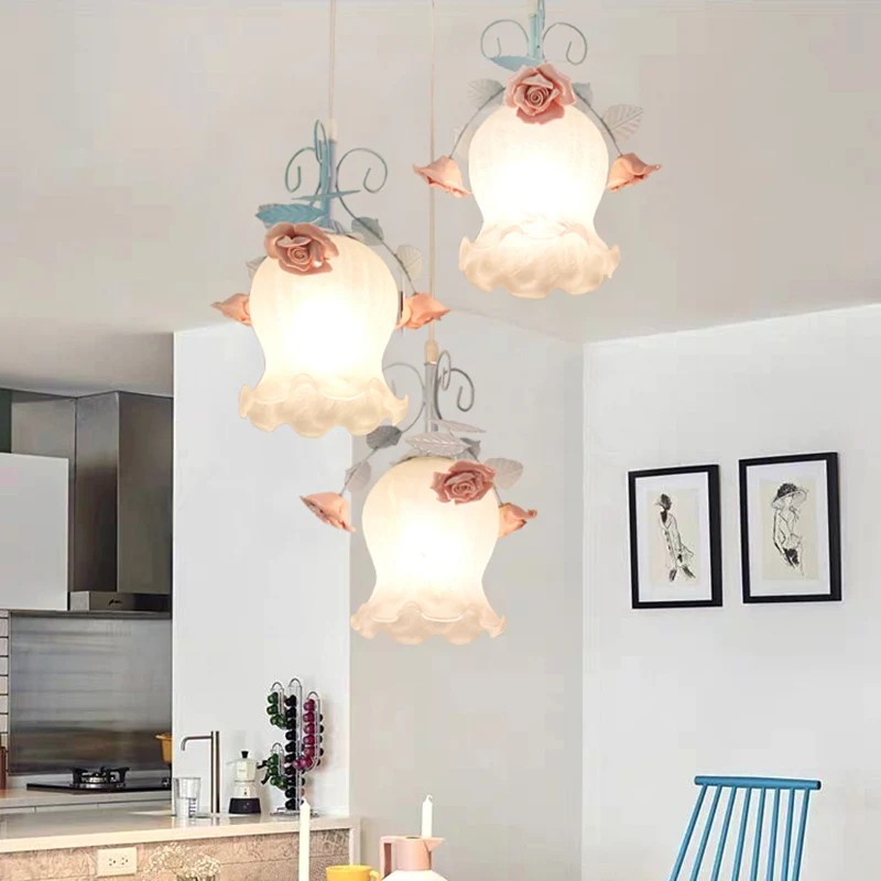 Wit glas Rose Multi Light hanglamp Pastoraal 3 lampen Eetkamer ophangverlichtingsarmatuur blauw Clearhalo