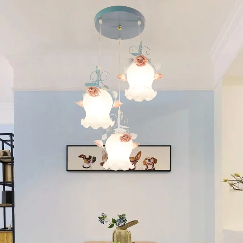 Wit glas Rose Multi Light hanglamp Pastoraal 3 lampen Eetkamer ophangverlichtingsarmatuur blauw Clearhalo