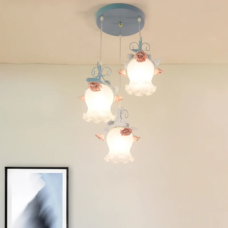 Wit glas Rose Multi Light hanglamp Pastoraal 3 lampen Eetkamer ophangverlichtingsarmatuur blauw Clearhalo