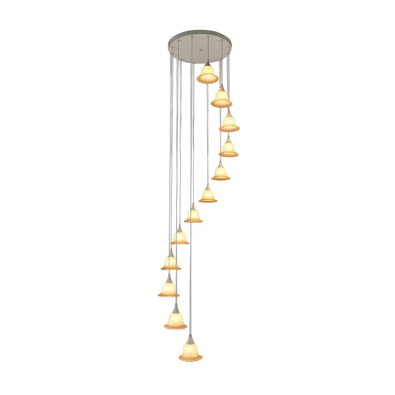 Wit glazen bloem multi hanglamp moderne 12-lichts traphangende plafondlamp met spiraalvormig ontwerp Clearhalo