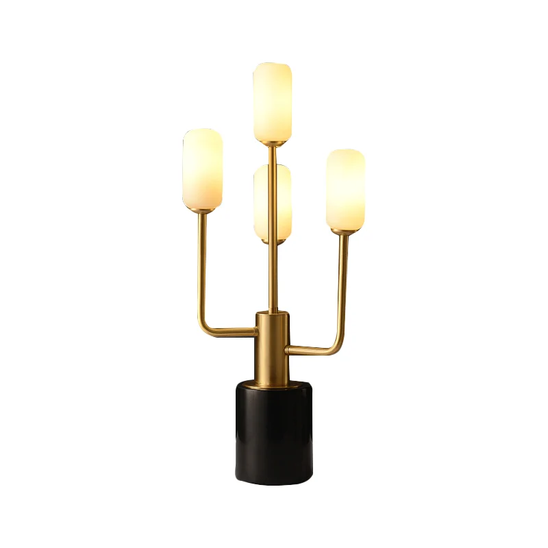 Wit glazen cilinder tafellamp modernistische 4-kops messing taaklamp met marmeren voet Clearhalo