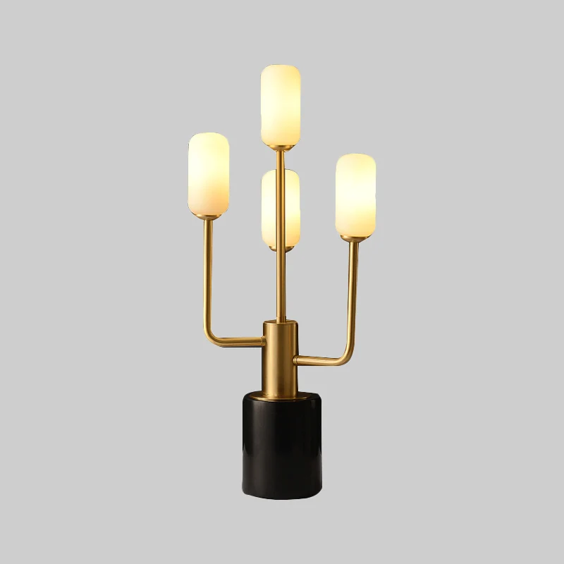 Wit glazen cilinder tafellamp modernistische 4-kops messing taaklamp met marmeren voet Clearhalo