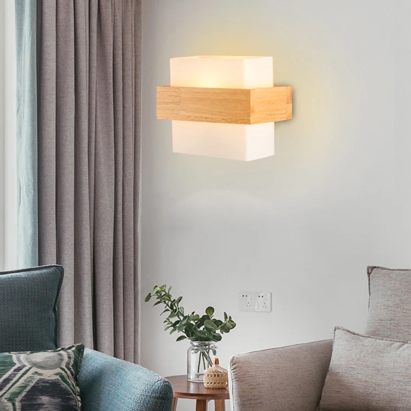 Wit glazen rechthoekige schansverlichting Moderne wandlamp met één lamp en houten decor Clearhalo