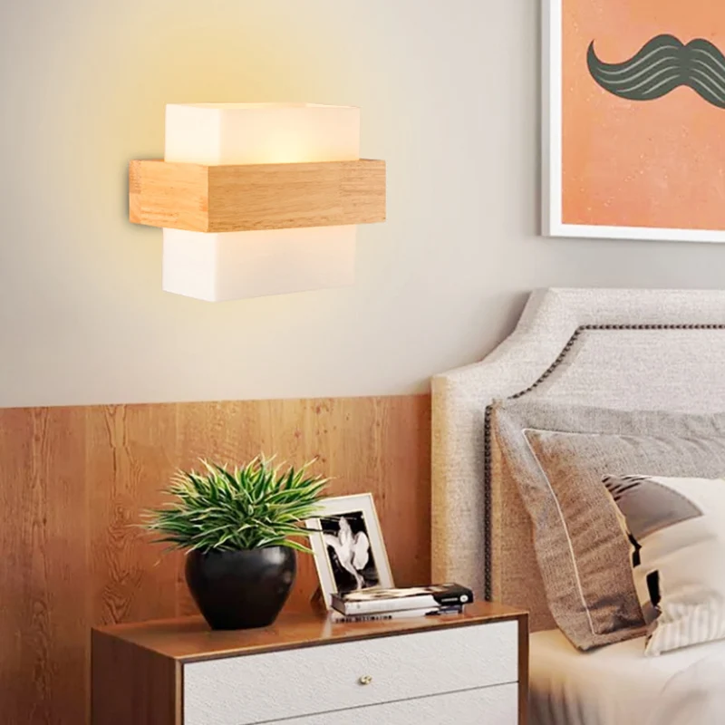 Wit glazen rechthoekige schansverlichting Moderne wandlamp met één lamp en houten decor Clearhalo
