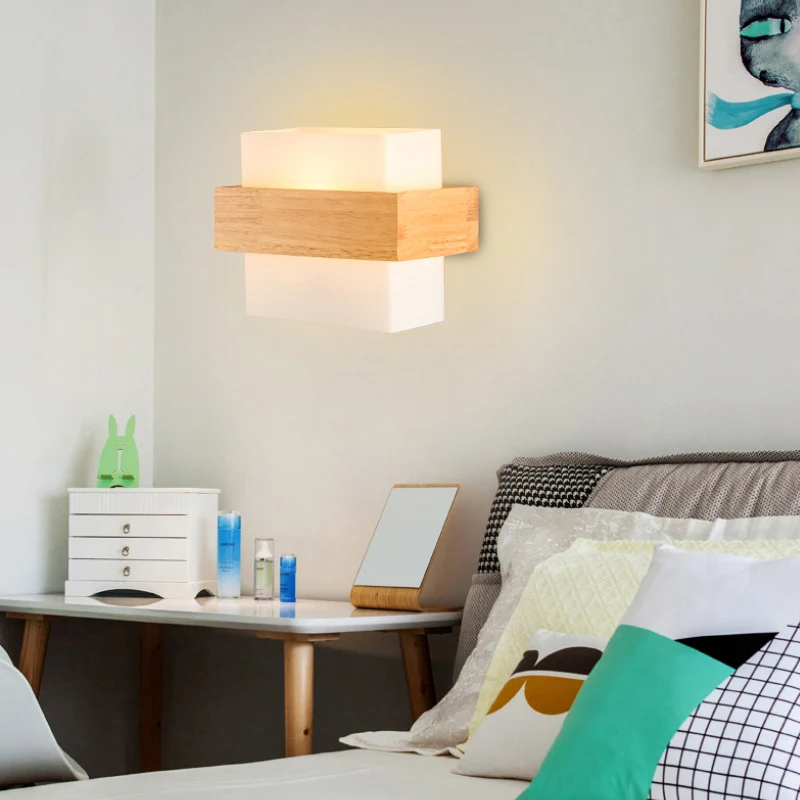Wit glazen rechthoekige schansverlichting Moderne wandlamp met één lamp en houten decor Clearhalo