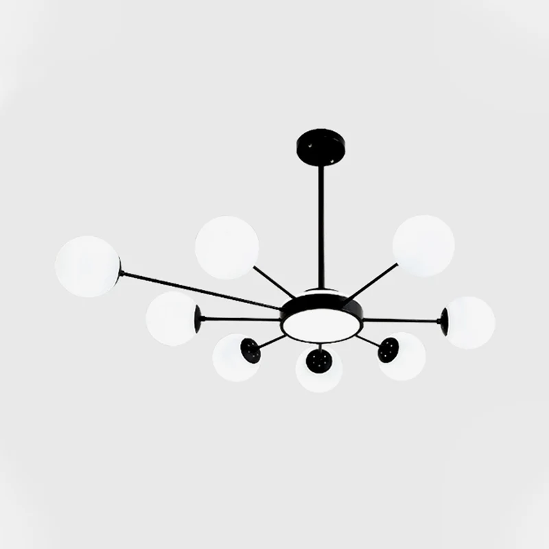 Wit glazen ronde kroonluchter verlichting modernisme 8-kops hanglamp zwart Clearhalo
